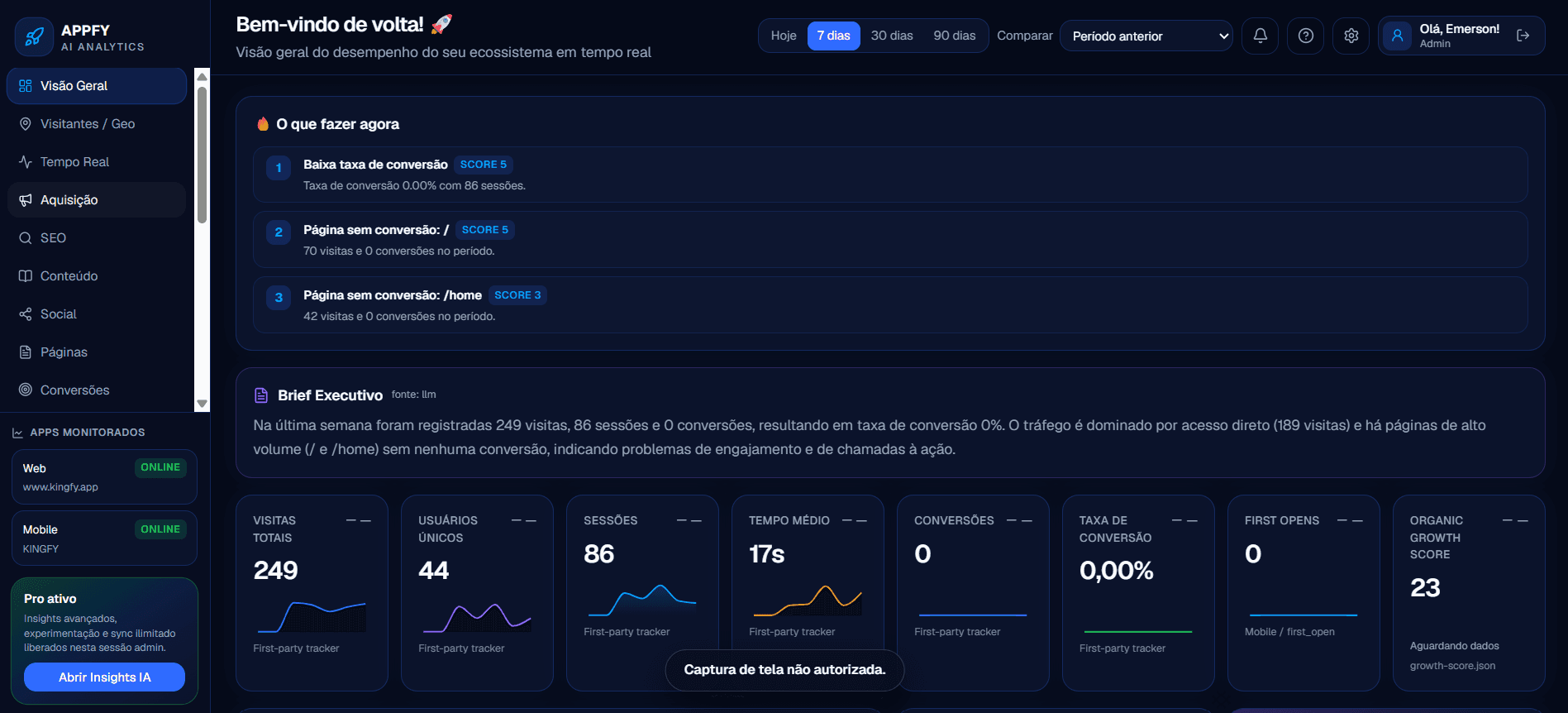 Appfy AI Analytics — command center de visitas, SEO e growth