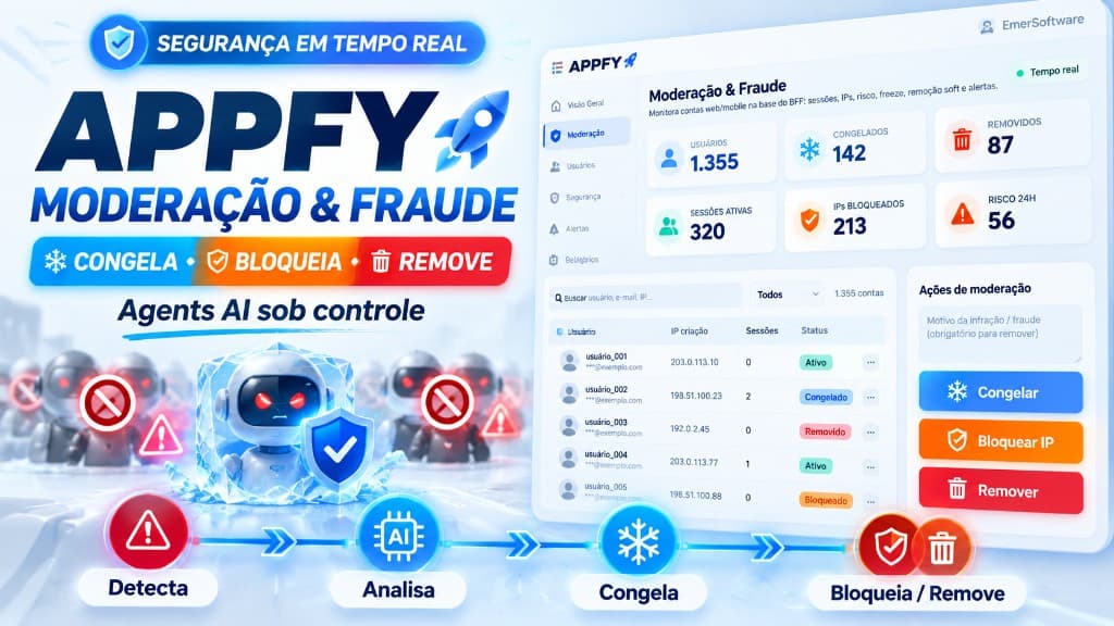 Appfy Moderação & Fraude — painel que congela, bloqueia e remove Usuários e AgentsAI em tempo real