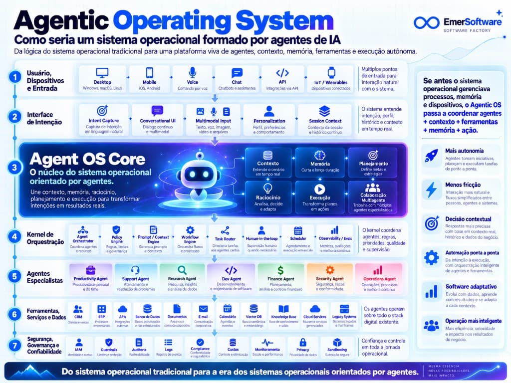 Infográfico EmerSoftware: Agentic Operating System com Interface de Intenção, Agent OS Core, Kernel de Orquestração, agentes especialistas, ferramentas e governança