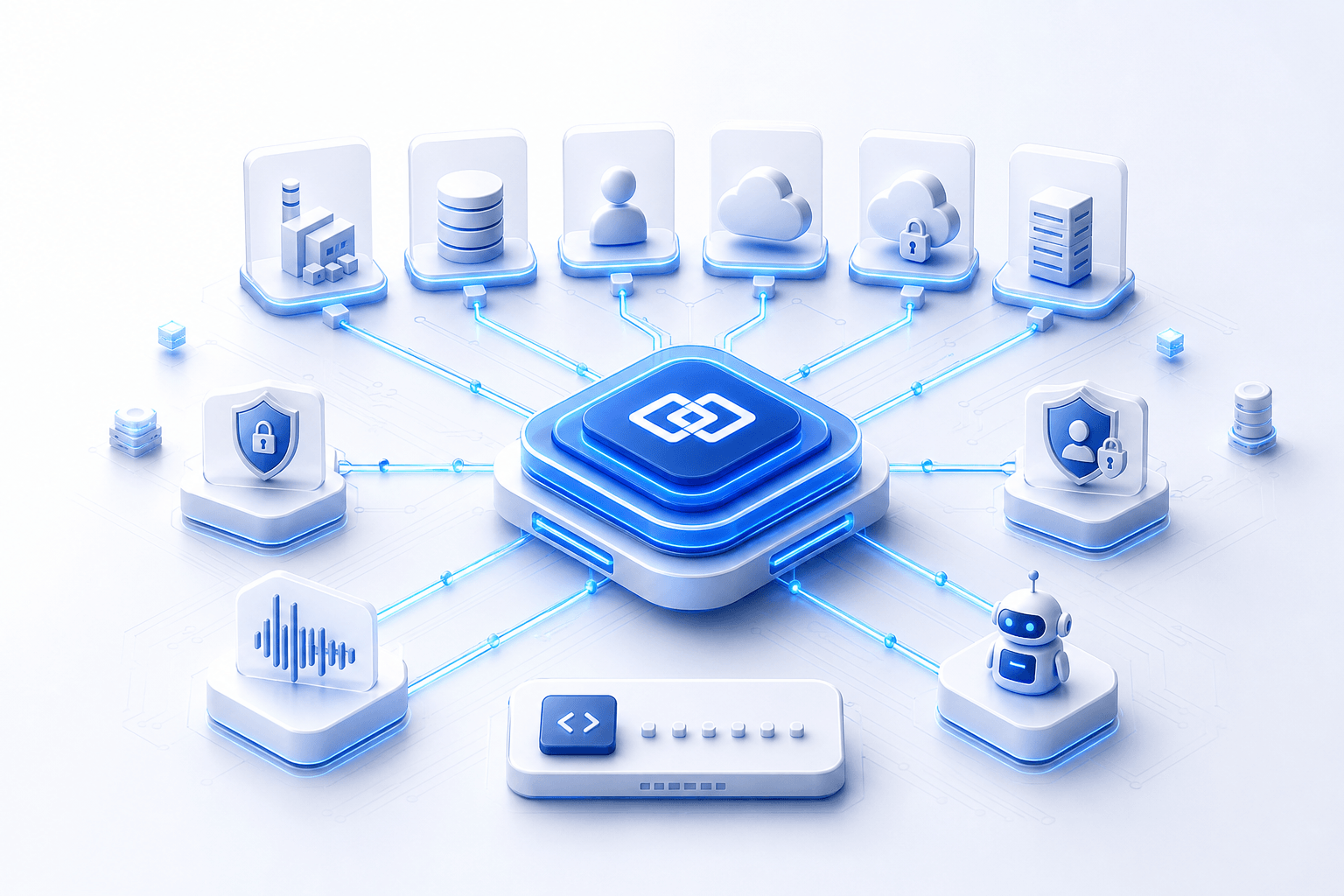 Hub de integração enterprise conectando sistemas, APIs, eventos, identidade, cloud e AgentsAI