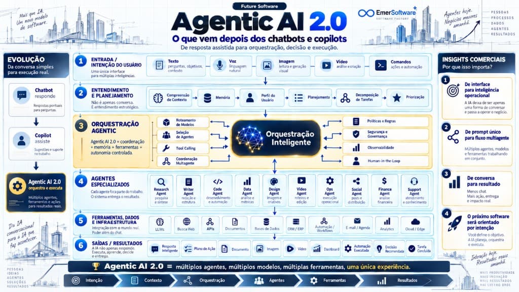 Infográfico Agentic AI 2.0 EmerSoftware: evolução de chatbot e copiloto para orquestração multiagente, agentes especializados, ferramentas e resultados de negócio