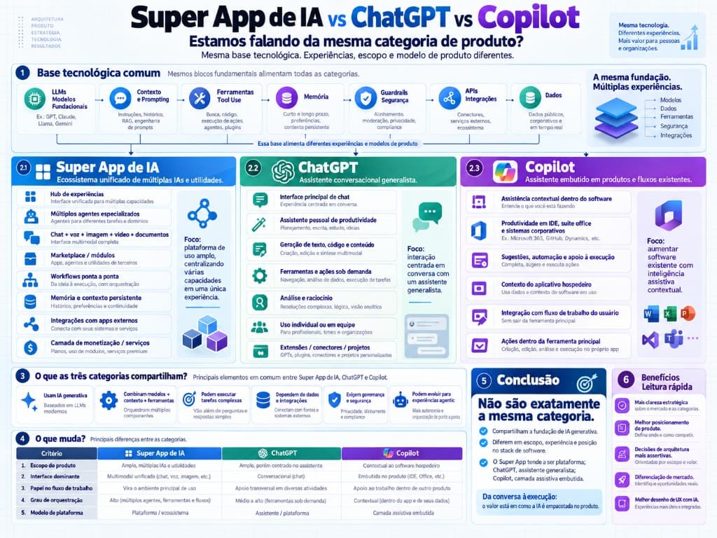 Infográfico EmerSoftware: Super App de IA vs ChatGPT vs Copilot, base tecnológica comum, escopo de produto, interface, orquestração e modelo de plataforma